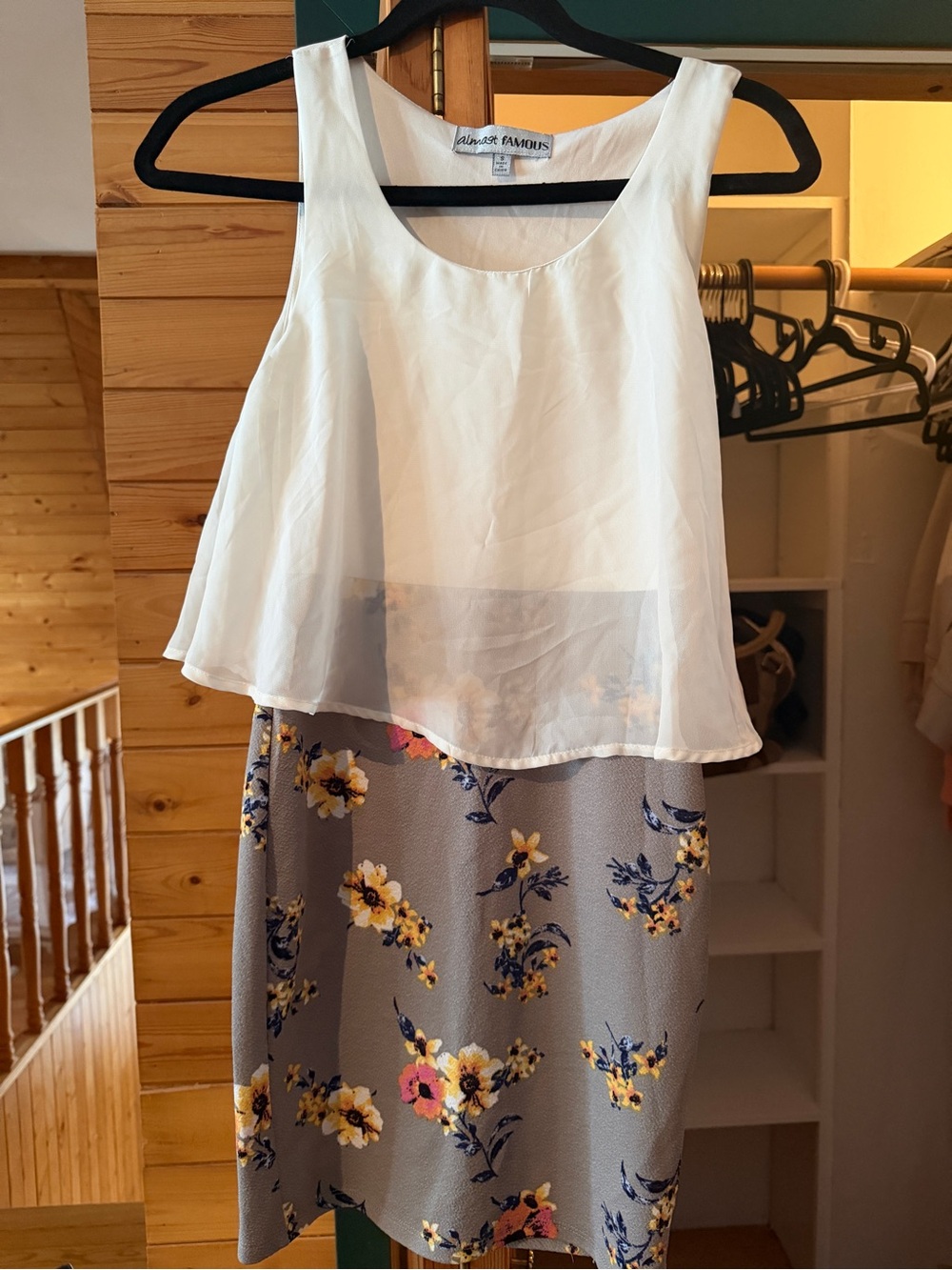 Almost Famous White Overlay with Gray Floral Pencil Skirt